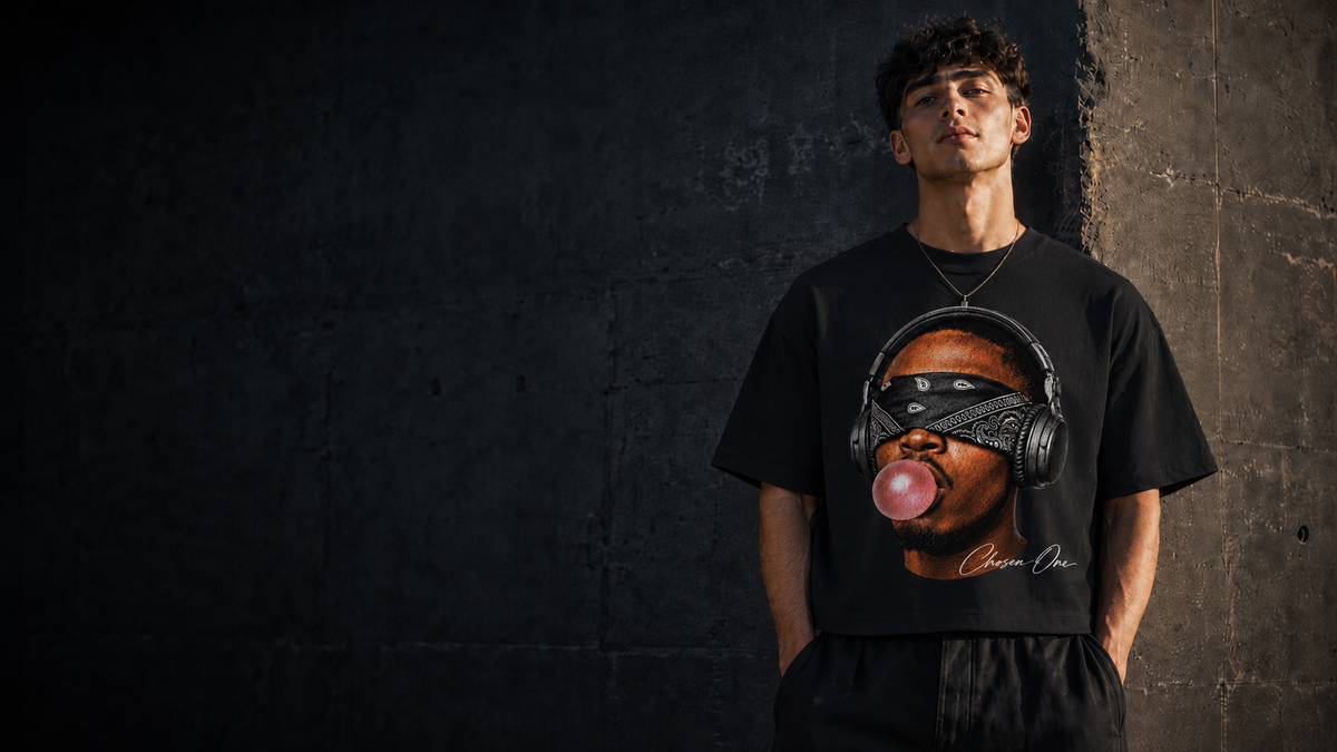Chosen One hero — heavyweight tee on model against dark wall